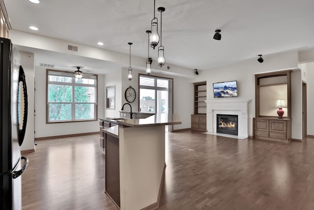 17417 72nd Ave N Unit 205, Maple Grove, MN 55311 - kitchen with open floor plan, recessed lighting, dark wood-style floors, a fireplace with flush hearth, and ceiling fan