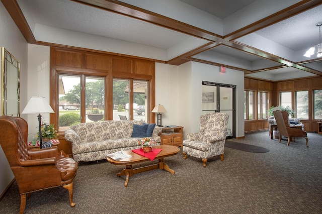 1415 Lake St Unit 114, Alexandria, MN 56308 - living room featuring carpet flooring, beamed ceiling, and coffered ceiling