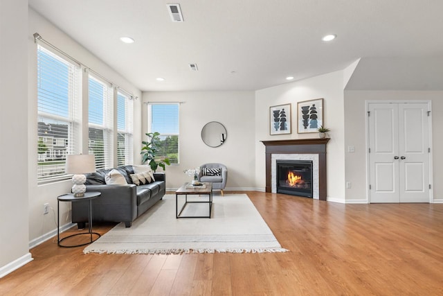 732 Wildflower Ln, Chanhassen, MN 55317 - living room with wood finished floors, a glass covered fireplace, and recessed lighting