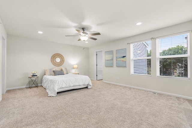 732 Wildflower Ln, Chanhassen, MN 55317 - bedroom with light colored carpet, recessed lighting, and a ceiling fan
