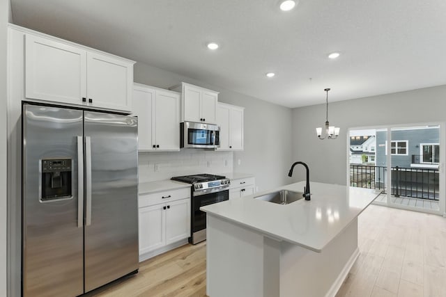 2720 Kepler Ave NE, Saint Michael, MN 55376 - kitchen featuring appliances with stainless steel finishes, light wood-style floors, white cabinets, decorative backsplash, and light countertops
