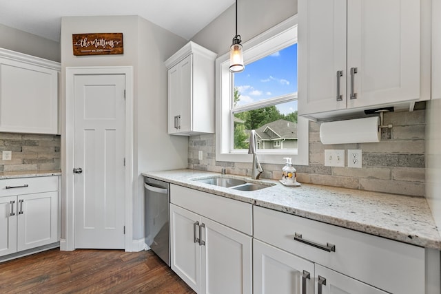 19550 Albany Cir NW, Elk River, MN 55330 - kitchen with stainless steel dishwasher, backsplash, white cabinets, and dark wood-style floors