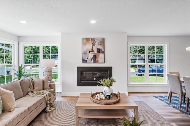 6901 Dawson Ln, Edina, MN 55435 - living room with a glass covered fireplace, recessed lighting, wood finished floors, and a textured ceiling