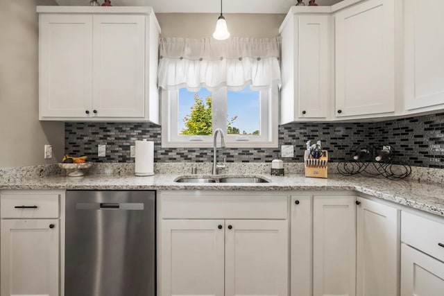 722 Hilltop Dr, Taylors Falls, MN 55084 - kitchen with dishwasher, white cabinets, backsplash, and light stone countertops