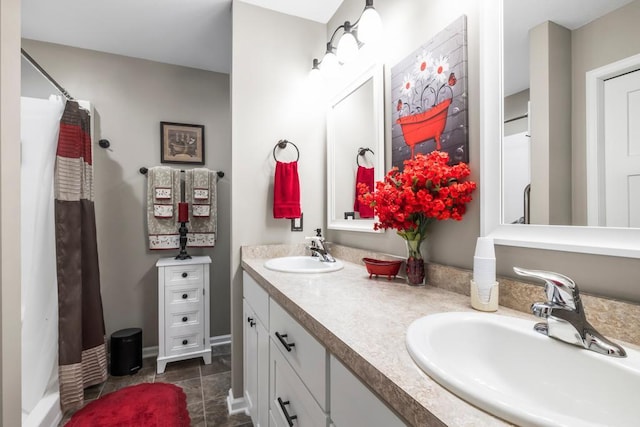 722 Hilltop Dr, Taylors Falls, MN 55084 - bathroom with double vanity and a shower with shower curtain