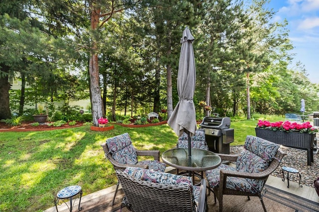 722 Hilltop Dr, Taylors Falls, MN 55084 - view of patio featuring an outdoor living space, area for grilling, and view of wooded area