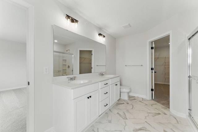 2726 Kepler Ave NE, Saint Michael, MN 55376 - full bathroom with a walk in closet, a stall shower, double vanity, and marble look tiles