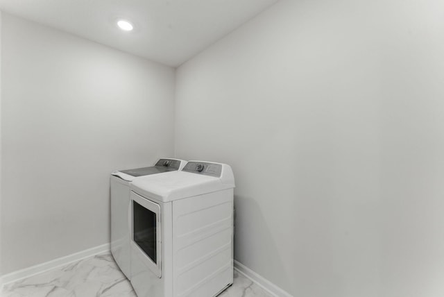 2726 Kepler Ave NE, Saint Michael, MN 55376 - washroom with washing machine and dryer, light marble finish floors, and recessed lighting