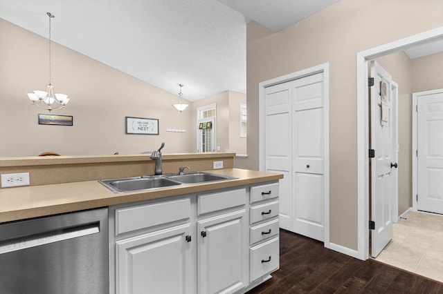 1437 131st Dr NE, Blaine, MN 55449 - kitchen with dishwasher, pendant lighting, a chandelier, vaulted ceiling, and dark wood-style flooring