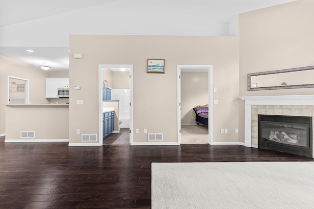 1437 131st Dr NE, Blaine, MN 55449 - living room with hardwood / wood-style floors, a fireplace, recessed lighting, and high vaulted ceiling