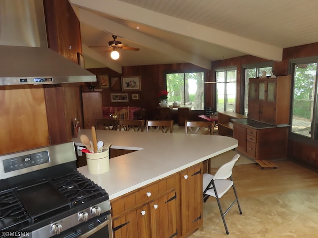 9429 Jeske Ave NW, Corinna Twp, MN 55302 - kitchen with stainless steel range with gas stovetop, wall chimney range hood, brown cabinetry, light countertops, and wood walls