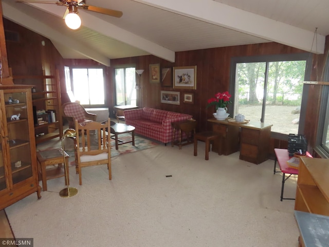 9429 Jeske Ave NW, Corinna Twp, MN 55302 - living area with a ceiling fan, wooden walls, and carpet floors