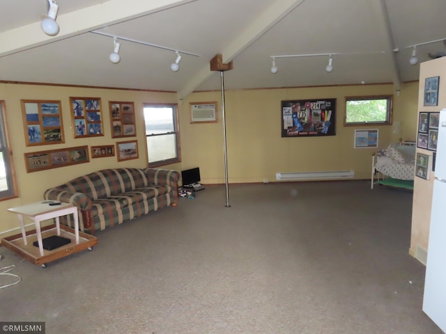 9429 Jeske Ave NW, Corinna Twp, MN 55302 - living room featuring rail lighting, a baseboard heating unit, a wall mounted air conditioner, and lofted ceiling