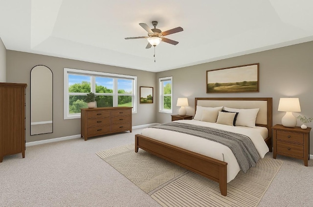 9721 Emerson Ct, Eden Prairie, MN 55347 - bedroom featuring a raised ceiling, light carpet, and a ceiling fan