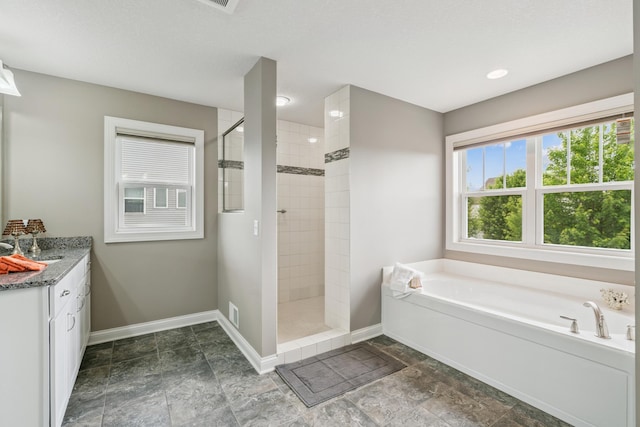 9721 Emerson Ct, Eden Prairie, MN 55347 - full bath with a bath, walk in shower, vanity, and stone finish floors