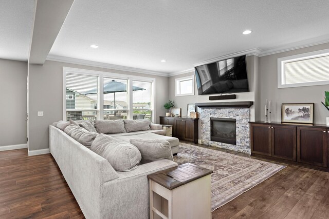 14675 77th St NE, Otsego, MN 55330 - living area with crown molding, dark wood-type flooring, a stone fireplace, and recessed lighting