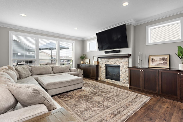 14675 77th St NE, Otsego, MN 55330 - living room with dark wood-type flooring, crown molding, a fireplace, and recessed lighting