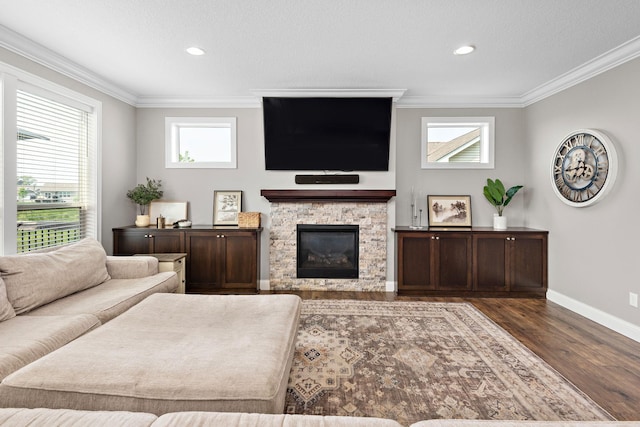 14675 77th St NE, Otsego, MN 55330 - living room with wood finished floors, crown molding, a fireplace, and recessed lighting