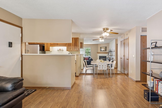 2254 Benson Ave Unit C, Saint Paul, MN 55116 - kitchen featuring open floor plan, freestanding refrigerator, a ceiling fan, light wood-type flooring, and a fireplace