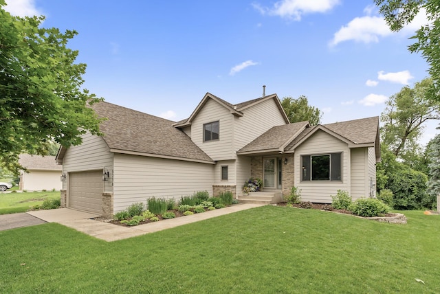 5278 River Wood Dr, Savage, MN 55378 - view of front of property featuring a shingled roof, a front lawn, an attached garage, concrete driveway, and brick siding
