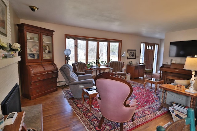 1138 Wintergreen Ln NE, Bemidji, MN 56601 - living room featuring dark wood finished floors and a baseboard radiator