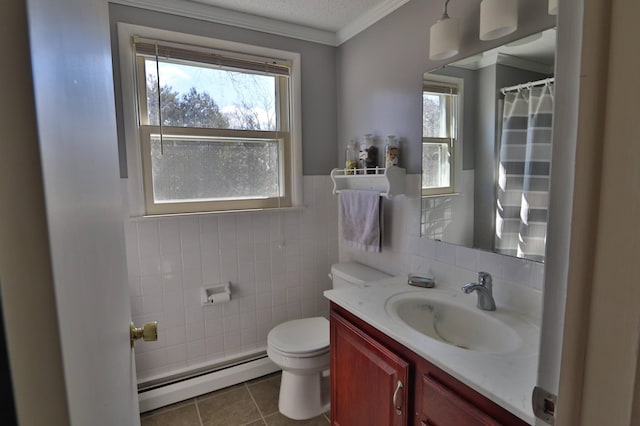 1138 Wintergreen Ln NE, Bemidji, MN 56601 - full bathroom featuring a baseboard radiator, vanity, plenty of natural light, crown molding, and tile patterned flooring