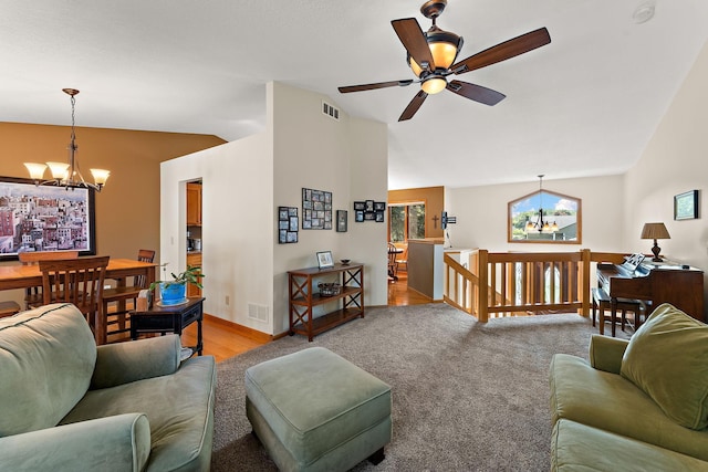 17317 Faraday Ct, Lakeville, MN 55024 - living area featuring a chandelier, ceiling fan, light wood-style floors, and light colored carpet