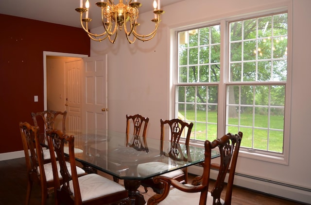30155 Lakeview Ave, Wacouta Twp, MN 55066 - dining area with a chandelier, wood finished floors, and baseboard heating