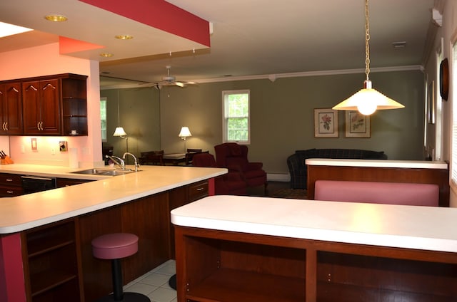 30155 Lakeview Ave, Wacouta Twp, MN 55066 - kitchen featuring open shelves, a peninsula, light countertops, open floor plan, and ornamental molding