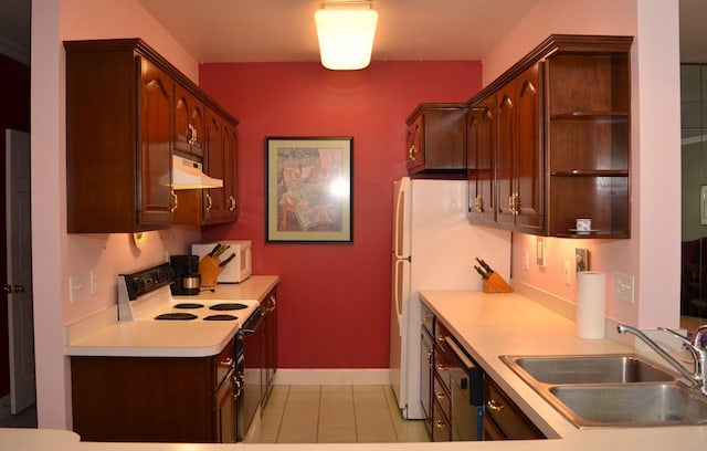 30155 Lakeview Ave, Wacouta Twp, MN 55066 - kitchen with white appliances, under cabinet range hood, light countertops, open shelves, and light tile patterned floors