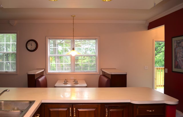 30155 Lakeview Ave, Wacouta Twp, MN 55066 - kitchen featuring light countertops, crown molding, and pendant lighting