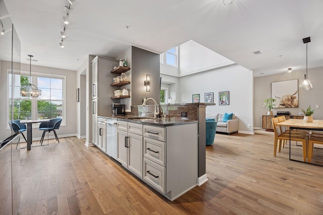 1020 Portland Ave, Minneapolis, MN 55404 - kitchen featuring open shelves, rail lighting, dishwashing machine, and light wood-style floors