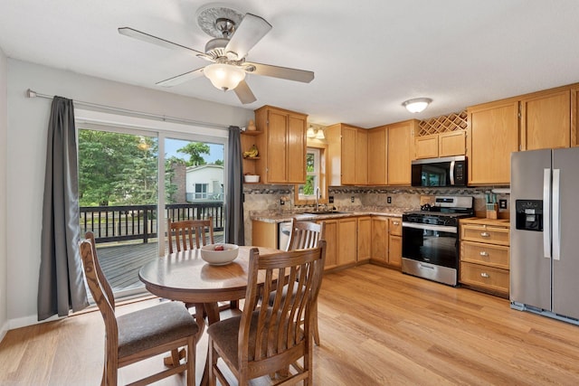 1650 107th Ave NW, Coon Rapids, MN 55433 - kitchen featuring appliances with stainless steel finishes, light wood-style floors, backsplash, open shelves, and ceiling fan