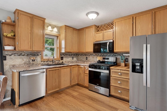 1650 107th Ave NW, Coon Rapids, MN 55433 - kitchen featuring stainless steel appliances, open shelves, light countertops, light wood finished floors, and tasteful backsplash