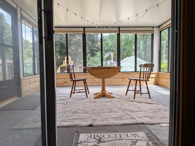 3465 5th St NE, Minneapolis, MN 55418 - sunroom featuring carpet, rail lighting, and wood walls