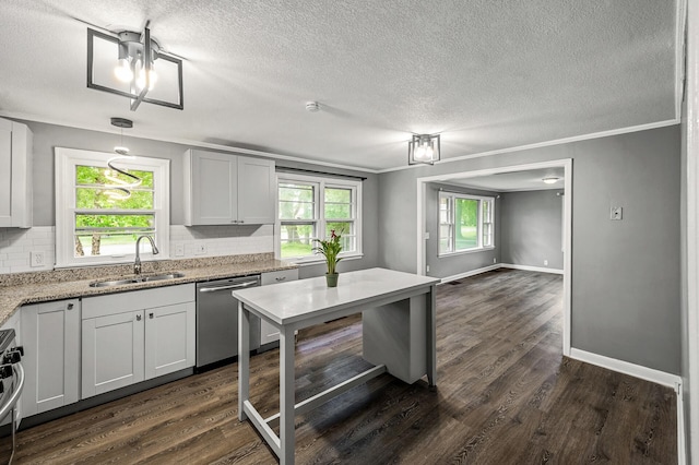 6289 Edgewood Ave N, Brooklyn Park, MN 55428 - kitchen featuring stainless steel dishwasher, a textured ceiling, decorative backsplash, dark wood finished floors, and stove