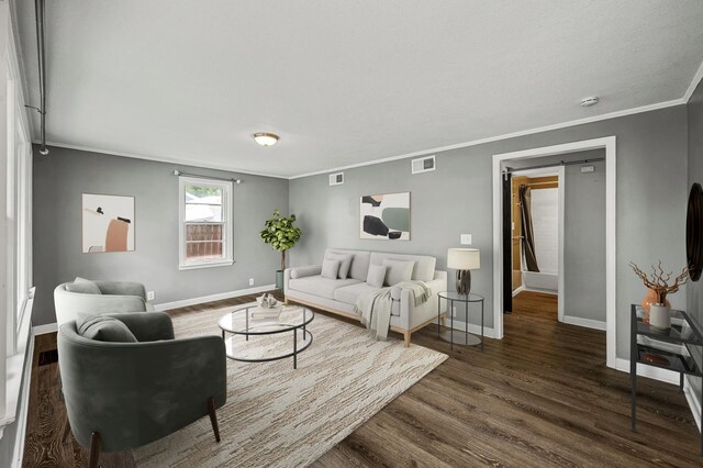 6289 Edgewood Ave N, Brooklyn Park, MN 55428 - living room featuring dark wood-type flooring and crown molding