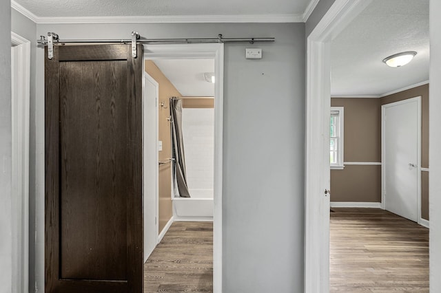 6289 Edgewood Ave N, Brooklyn Park, MN 55428 - corridor featuring wood finished floors, ornamental molding, and a textured ceiling