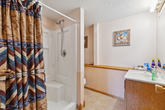 3147 94th Ln NE, Blaine, MN 55449 - bathroom with vanity, curtained shower, a textured ceiling, and tile patterned flooring