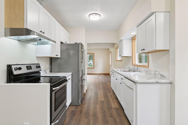 2070 Racine Ave S, Lake Saint Croix Beach, MN 55043 - kitchen featuring electric range, ventilation hood, white dishwasher, dark wood-style floors, and light countertops
