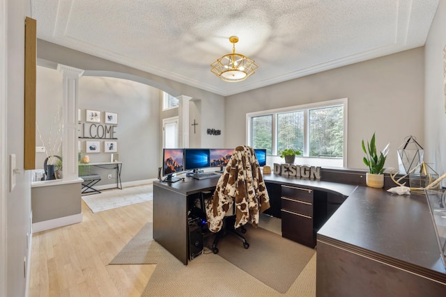 26659 145th St NW, Zimmerman, MN 55398 - office area with decorative columns, light wood-type flooring, arched walkways, and a textured ceiling