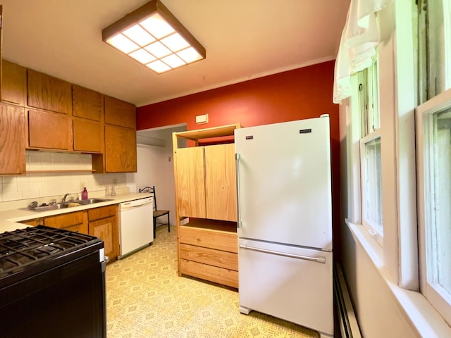 2411 Como Ave, Saint Paul, MN 55108 - kitchen with white appliances, light countertops, decorative backsplash, brown cabinets, and light floors