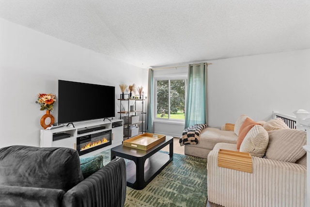 14258 Towers Ln, Eden Prairie, MN 55347 - living area with a textured ceiling, a glass covered fireplace, and wood finished floors