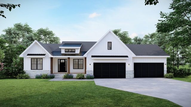 20331 Salem St NW, Elk River, MN 55330 - modern farmhouse style home featuring a front lawn, concrete driveway, a standing seam roof, a metal roof, and stone siding
