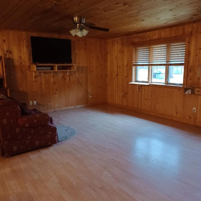 1951 Wolf Lake Dr SE, Bemidji, MN 56601 - unfurnished living room featuring wooden ceiling, wood finished floors, wooden walls, and ceiling fan