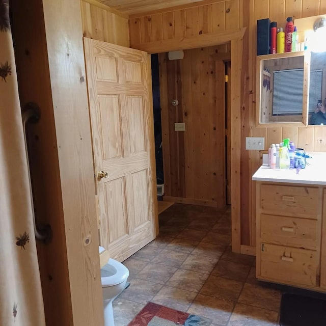 1951 Wolf Lake Dr SE, Bemidji, MN 56601 - bathroom with wooden walls, stone finish flooring, and vanity