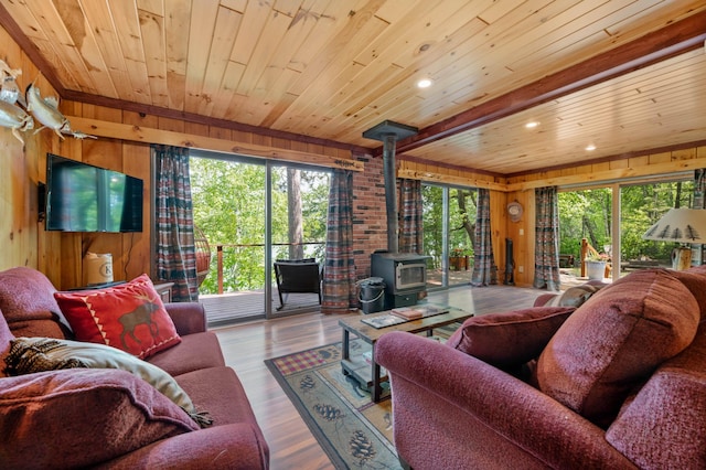 43784 Spider Lake Rd, Marcell, MN 56657 - living area featuring a wood stove, wood walls, wooden ceiling, recessed lighting, and wood finished floors