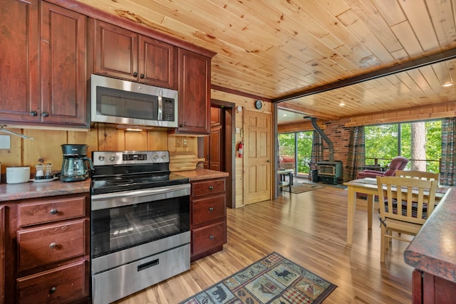 43784 Spider Lake Rd, Marcell, MN 56657 - kitchen featuring stainless steel appliances, a wood stove, wood ceiling, and light wood finished floors