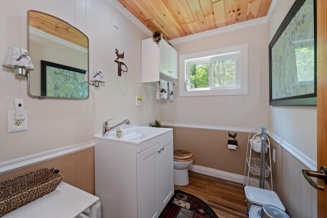43784 Spider Lake Rd, Marcell, MN 56657 - bathroom featuring crown molding, vanity, wood finished floors, wood ceiling, and a decorative wall