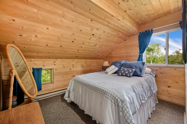 43784 Spider Lake Rd, Marcell, MN 56657 - carpeted bedroom with wood walls, wooden ceiling, lofted ceiling, and baseboard heating